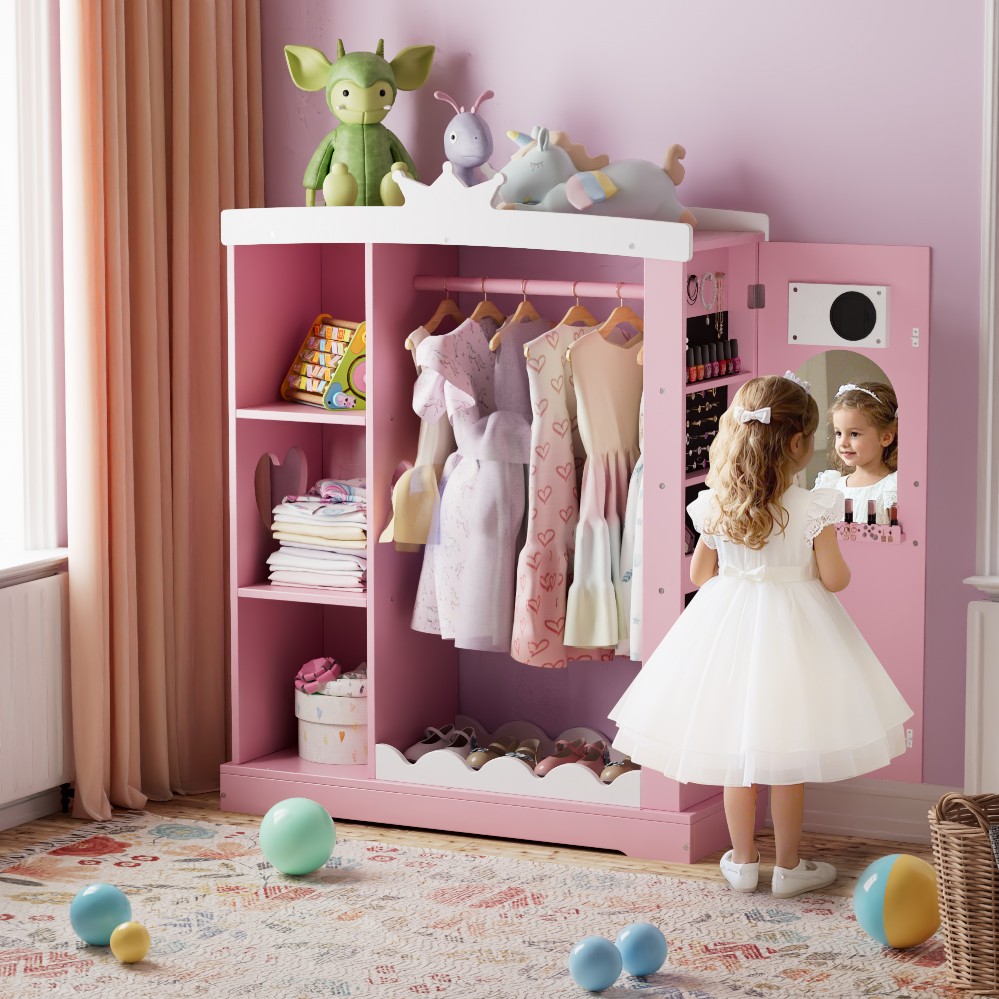 Tolead Kids Dress-Up Closet with Mirror \u0026 Jewelry Storage, Toddler Costume Organizer with Hanging Rod \u0026 Shelves, Pink Wardrobe for Girls’ Bedroom